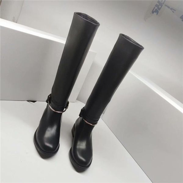 

boots women knee hight genuine leather high street flat female shoe boot autumn winter metal decor, Black