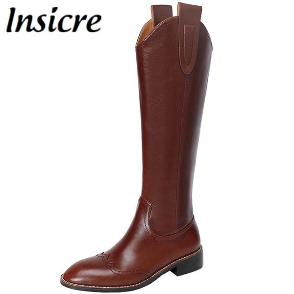 

boots insicre women genuine leather square heels riding knee high ladies spring autumn designer pointed toe party shoes, Black
