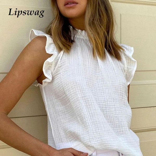

women's blouses & shirts fashion office lady neck blouse streetwear summer elegant ruffle women sleeveless solid loose pullover, White