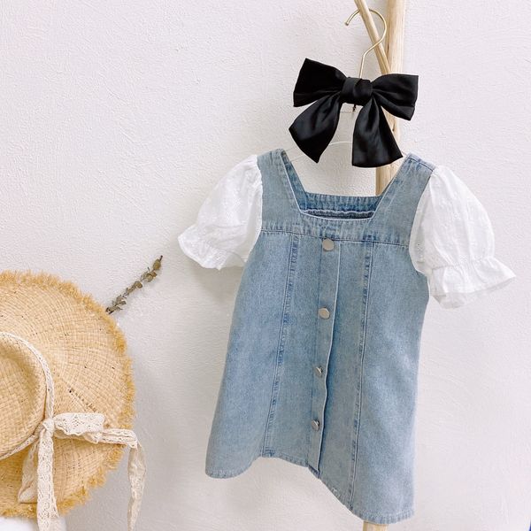 15790 Sommer Baby Mädchen Denim Kleid Kinder Kurzarm Patchwork Jeans Tops Kinder Prinzessin Kleider