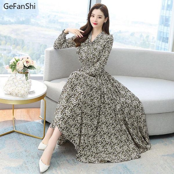 

casual dresses 2021 spring autumn women long sleeve print floral chiffon dress fashion elegant slim office lady robe, Black;gray