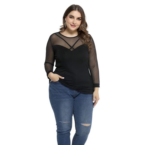 

plus size t-shirt women mesh perspective t shirts femme clothing summer large o-neck long sleeve ladies casual blusas, Black