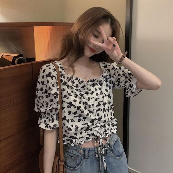 

women's polos french chic summer 2021 retro high waist design floral shirt puff sleeve short drawstring clothing, White
