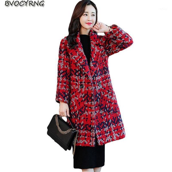 

women's wool & blends thick plaid tweed coat 2021 autumn and winter mid-length woolen women sweet cute jacket female plus size, Black