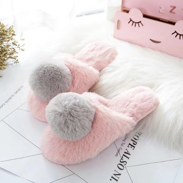 

japanese pink plush ball high-end anti-skid simple home girl floor slippers hair, Black