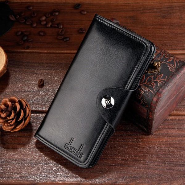 

wallets vintage men's wallet magnet hook three fold long for man made of natural leather compartment purse hasp card package, Red;black