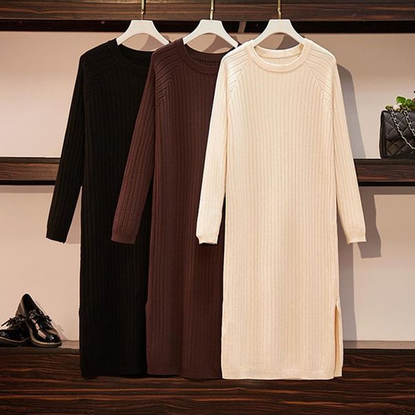 

casual dresses ichoix autumn winter women's plus size loose dress o-neck h-line solid knitted l-4xl female clothing, Black;gray
