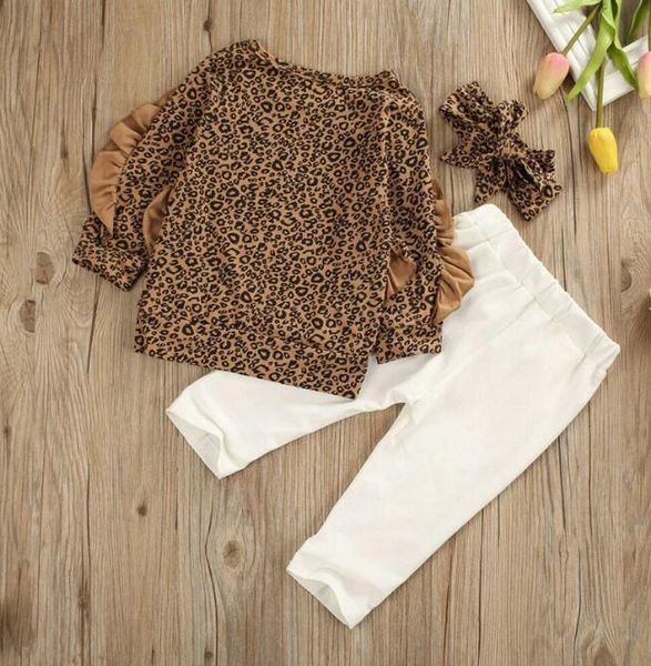 Sets Herbst Winter Kinder Kleidung Mädchen Rüschen Leopard T-shirt Tops Hosen + Stirnband Anzug Baby Kleidung