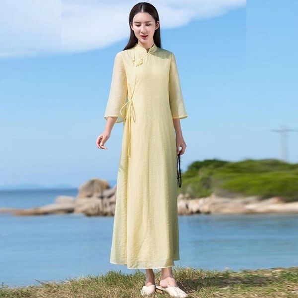 

spring linen mandarin collar loose solid color long vintage dress cheongsam traditional chinese qipao ta2401 ethnic clothing, Red