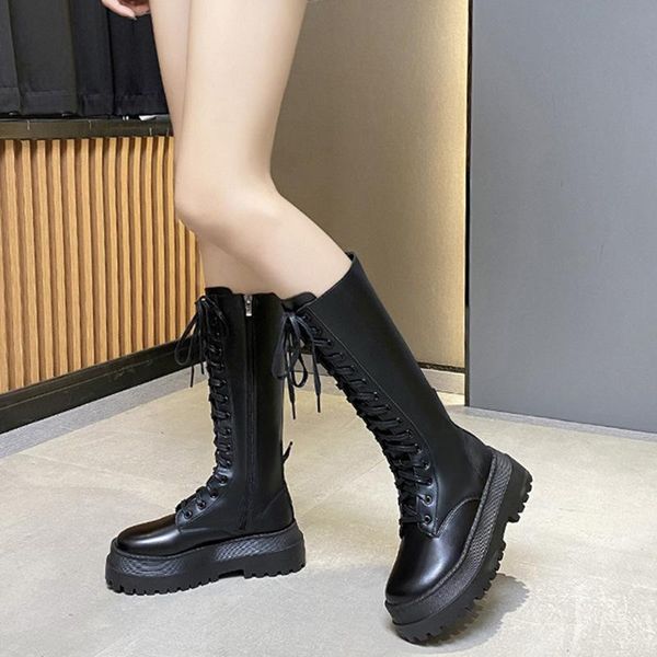 

boots autumn winter women's knee high fashion zip lace up pu leather woman thick bottom platform botas mujer 2021, Black