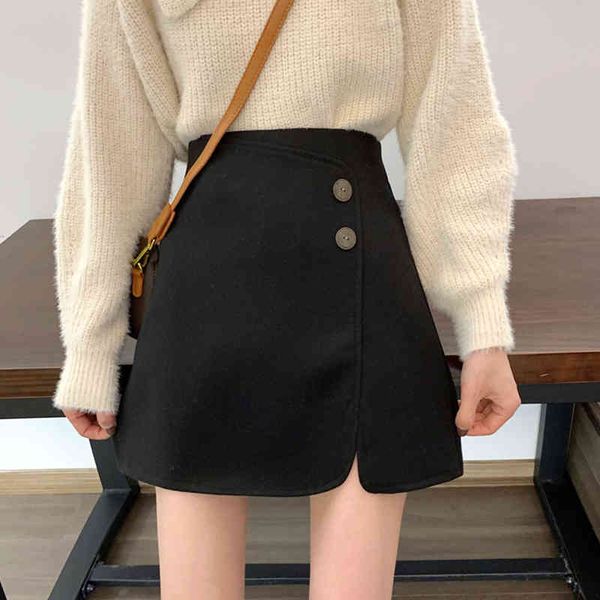 

ezgaga y2k skirts women winter fashion a-line solid high waist button split ladies bodycon khaki skirt office lady elegant 210430, Black