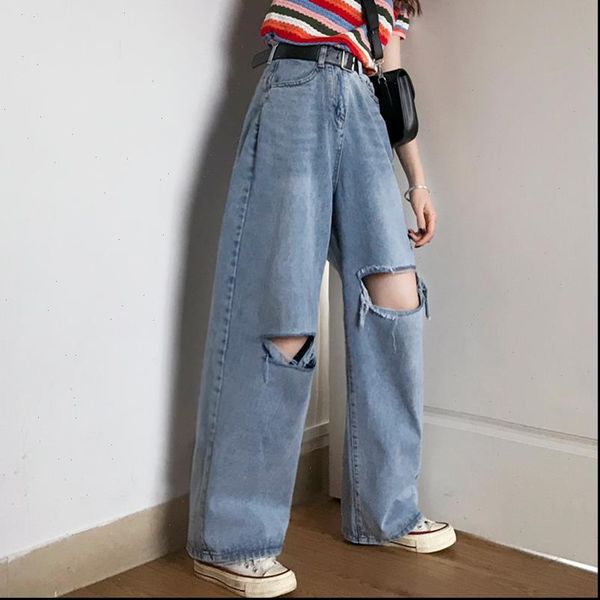 

women jeans blue vintage loose high waist with knee holes retro washed wide leg denim pants