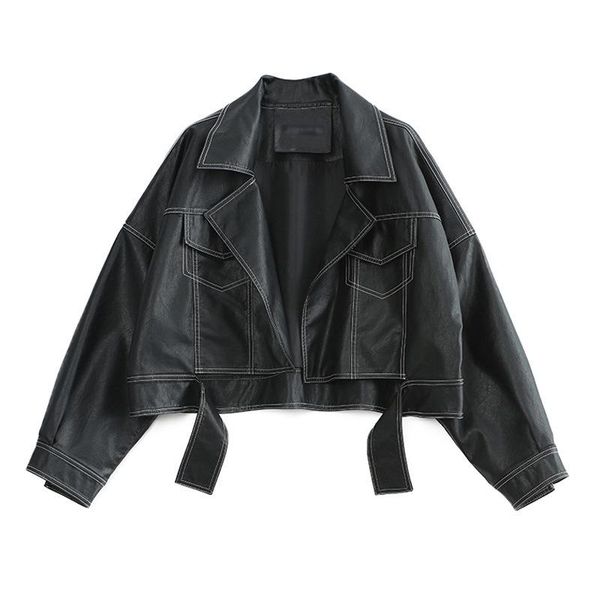 

women's leather & faux spring autumn black lapel bright line decoration pu locomotive wear short fashion jacket turn-down collar coat