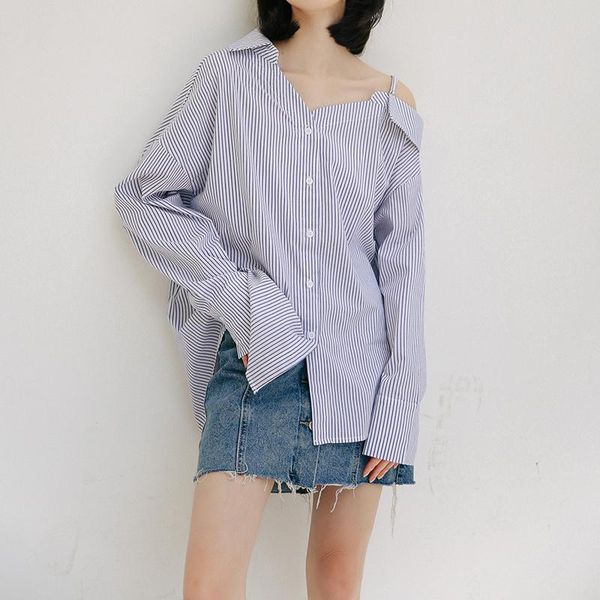 

women's blouses & shirts qoerlin vertical striped strapless blouse korean retro long sleeve turn-down 2021 chic fashion women buckle lo, White