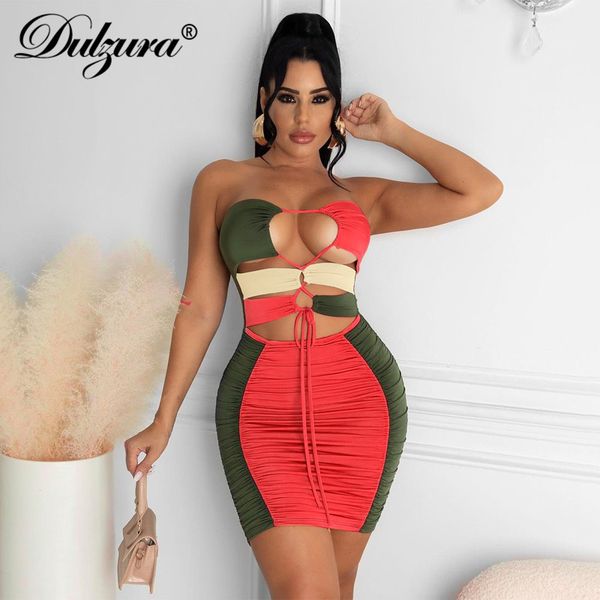 

2021 summer patchwork hollow out women tube mini dress ruched lace up bodycon streetwear party club slim clothes, Black;gray