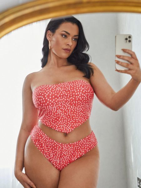 

plus polka dot hanky hem bandeau bikini swimsuit f61i#, Black