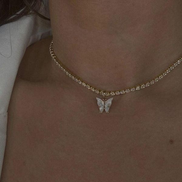 

chokers acrylic butterfly choker necklace rhinestone chain white black color simple clavicle animal korean jewelry, Golden;silver