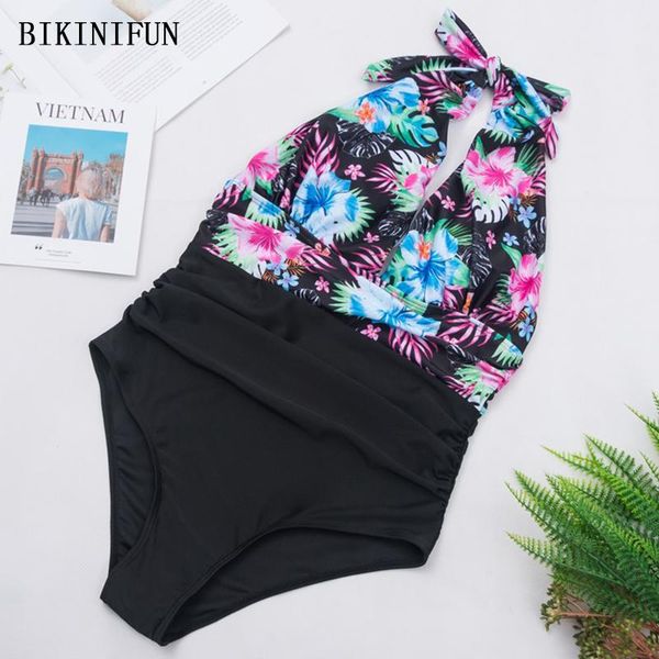 

black floral monokini women patchwork bathing suit deep v one piece s-xl girl backless swimsuit beachwear one-piece suits