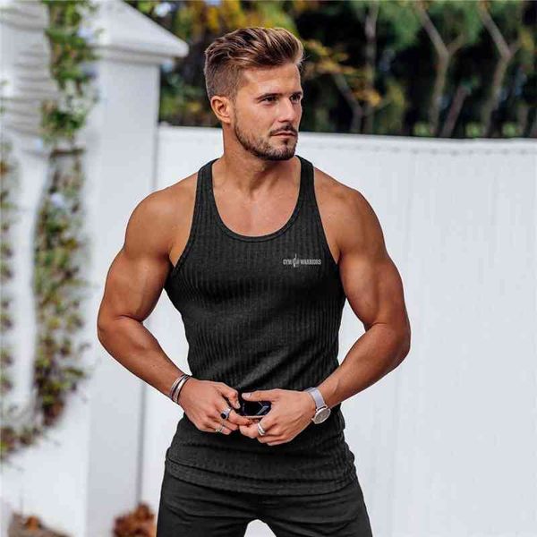 Spor Salonu Giyim Örme Singlets y Geri Vücut İnşa Stringer Tank Top Erkekler Fitness Tişörtlü Kas Kolsuz Yelek Egzersiz Tanktop 210421