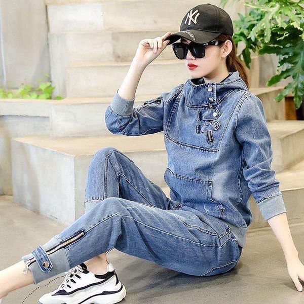 

women's tracksuits lazer sports denim female suit spring and autumn set of two pieces 1qxp, Gray