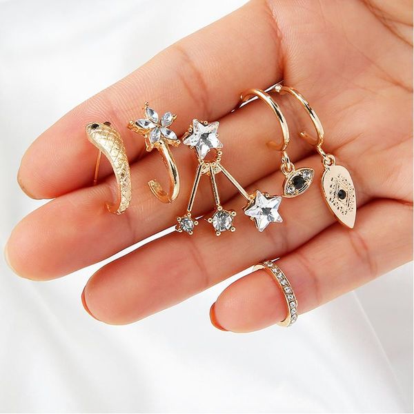 

6pcs/set bohemian earrings set women gold snake flower star eye water drop crystal stud party earring jewelry, Golden;silver