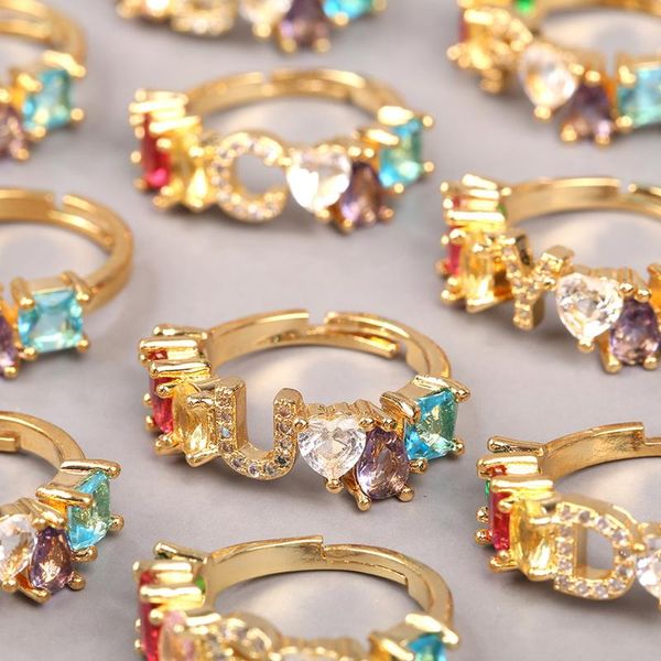 

cluster rings adjustable a-z letter initial ring for women crystal cubic zirconia female creative rainbow finger trendy party jewelry, Golden;silver