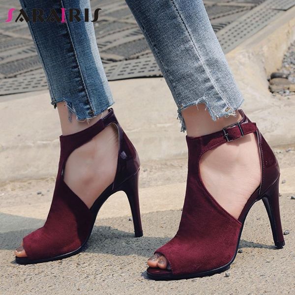 

office party girl flock sandals summer women peep toe buckle strap cover heel high heels shoes woman, Black
