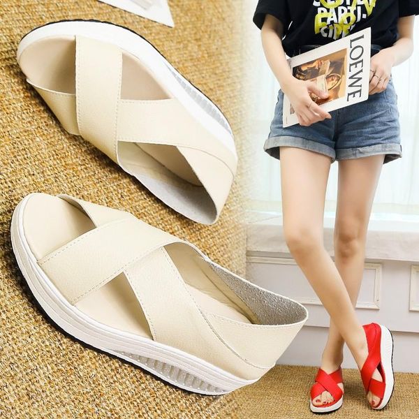 

sandals wedges cross band modern women summer platform shoes woman creepers cover heels two ways slip on sandalias big size40-43, Black