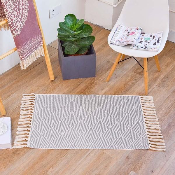 

cotton fabric braided rugs rectangle door floor mat living room decor sofa seat cover anti-slip knot tassel rug alfombra 60x90cm carpets