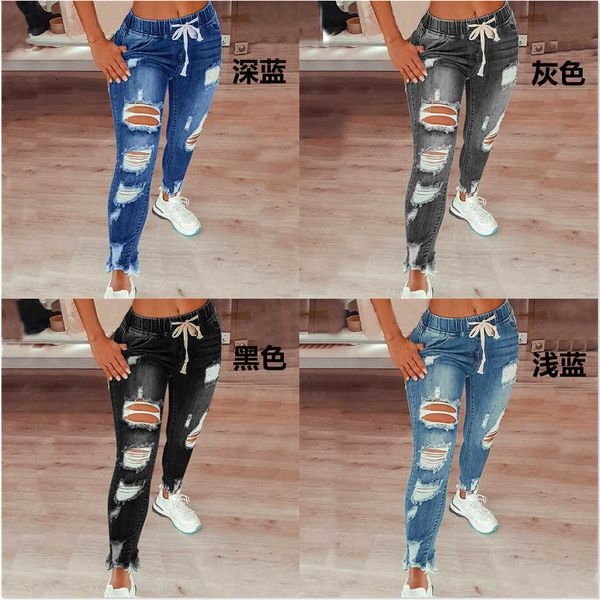 

elastic waist women's jeans women's middle lace up slim leggings holed pants, Blue