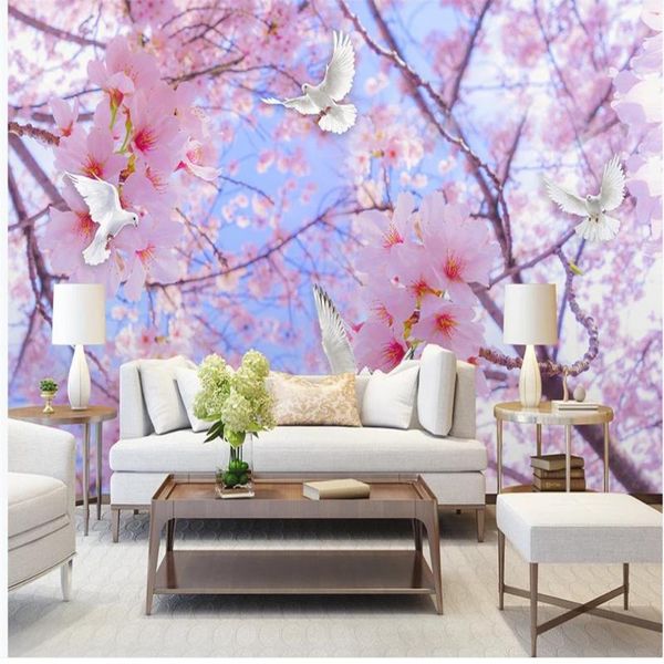 

wallpapers beautiful scenery romantic cherry blossom white dove sky landscape background wall mural