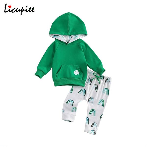 

clothing sets 0-24 months 2pcs toddlers autumn clover printed hooded long sleeves pullover + rainbow prints pants suit for baby girls boy, White