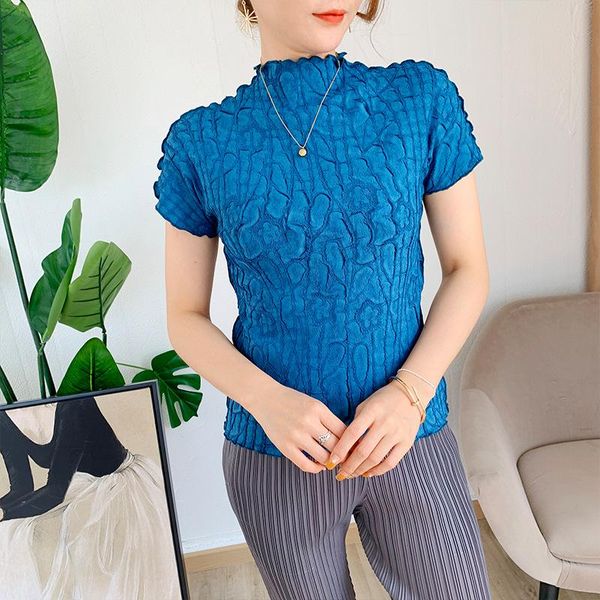 

women's t-shirt t-shirts summer 2021 half turtleneck short sleeved solid color stretch miyake pleated slim small tee large size, White