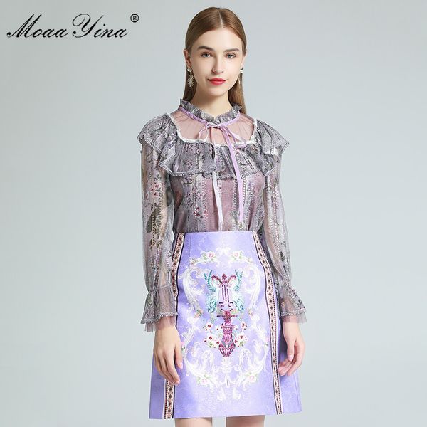 

fashion designer set spring women's ruffles mesh long sleeve blouses +beaded vintage print skirt two-piece set 210524, White