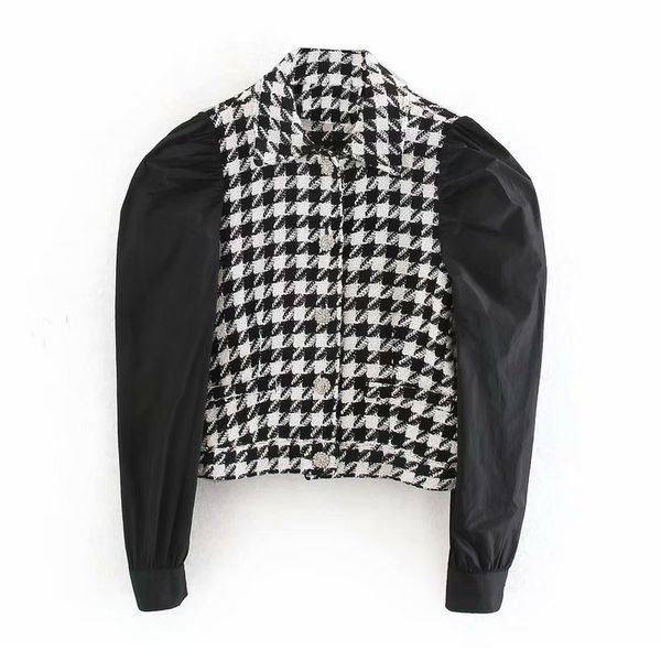 

blsqr retro tweed patchwork blouses single breasted puff sleeve crop women's casual short shirts blusas 210430, White
