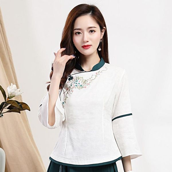 

stand collar jackets short sleeve clothing hanfu girls' summer shirt cotton linen women slim chinese traditional blouse women's bl, White