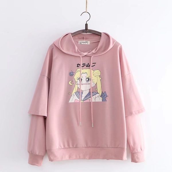 

mori women's spring and autumn new print beautiful girl's fungus lace sleeve hooded loose pullover sweater, Black