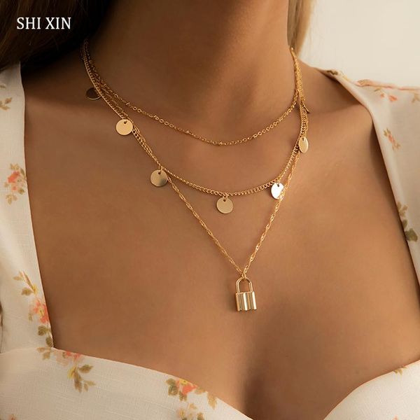 

layered lock pendants necklace for women fashion sequins padlock necklaces trendy gold/silver color 2021 jewelry pendant