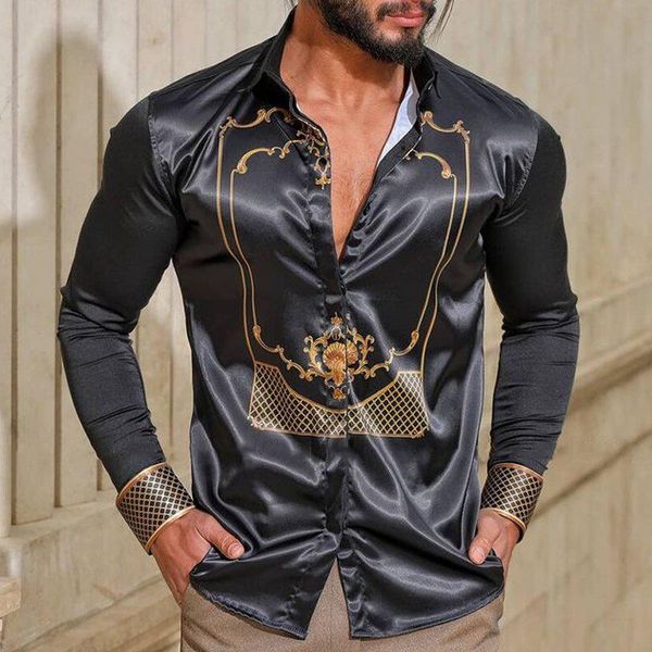 

men's casual shirts turn-down collar men autumn long sleeve slim fit buttoned fashion pattern printed shirt for mens streetwear, White;black