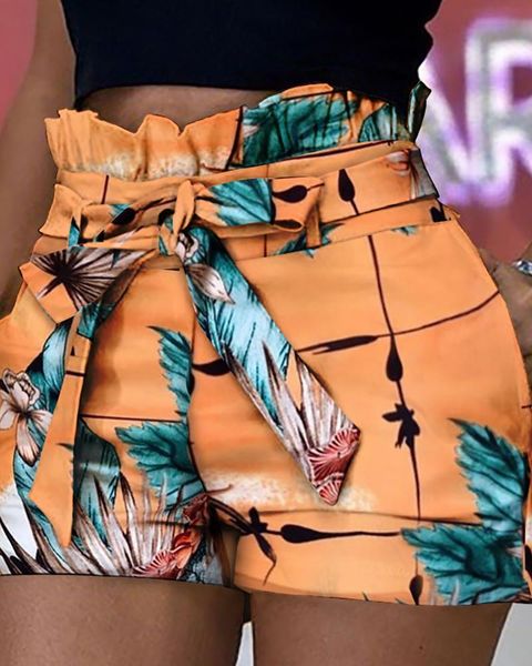 

print ruffles paperbag waist casual shorts women's, White;black