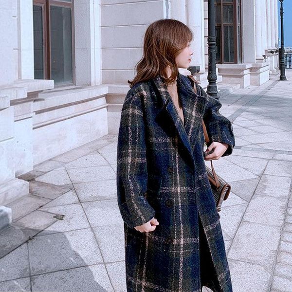 

women's wool & blends winter jacket vintage plaid woolen coat casual loose long temperament lapel single-breasted blend coats, Black