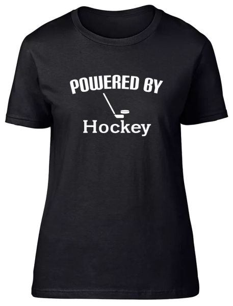 

powered by hockey fitted womens ladies t shirt, White;black