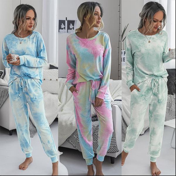 

casual pajamas 2 piece women tracksuits sets autumn tie print o neck long sleeve loose elastic waist pencil pants, Gray
