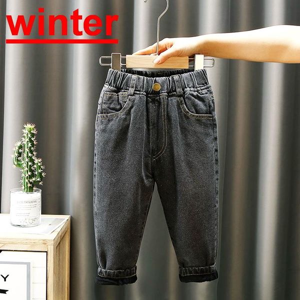 

children fleece jeans winter kids boys black print chirldren girl denim casual trousers thicken warm, Blue