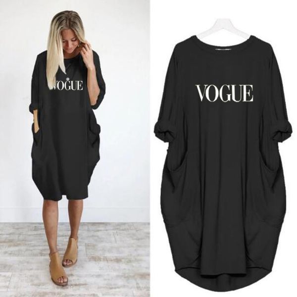 

fashion casual loose pocket long sleeve vogue printed women's dress, Black;gray