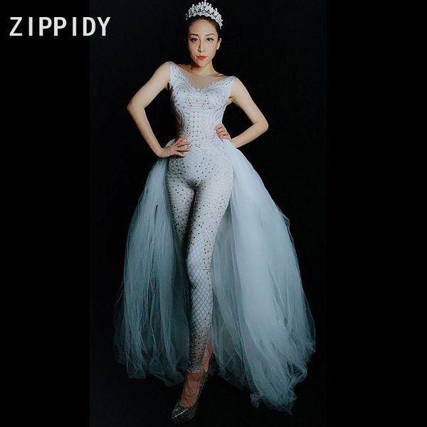 

women's jumpsuits & rompers silver rhinestones spandex jumpsuit white mesh tail birthday celebrate bodysuit outfit women singer dance l, Black;white