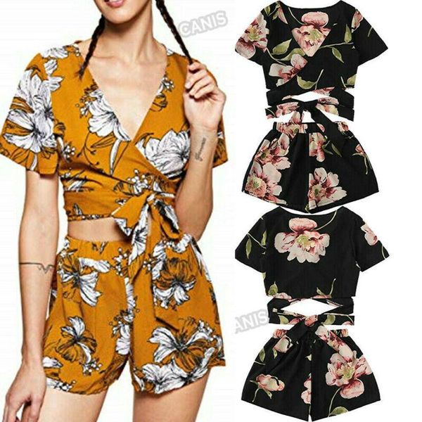 

women's jumpsuits & rompers women 2pcs floral bandage shirt crop shorts summer outfit set short jumpsuit, Black;white