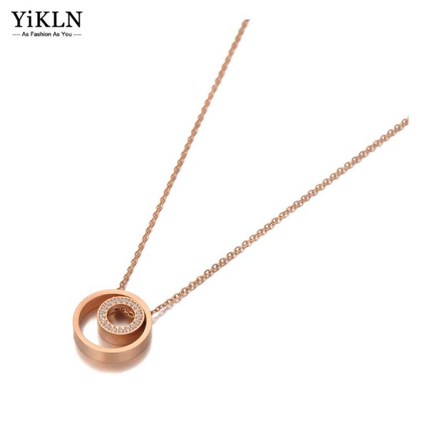 

chokers yikln classic design double circle charm pendant necklaces for women girls trendy titanium steel cz crystal necklace yn20217, Golden;silver