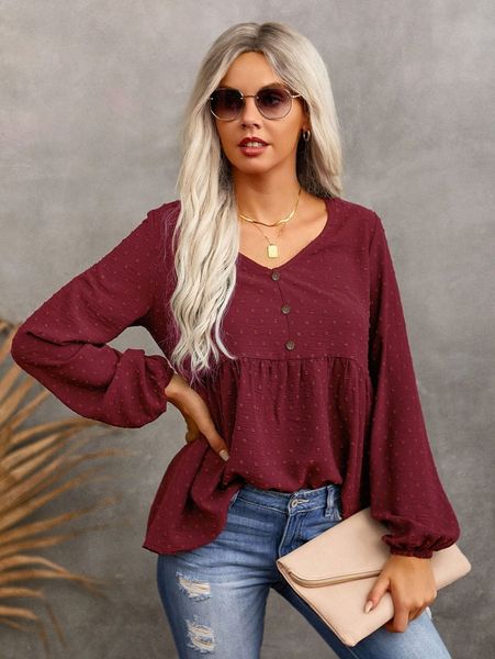 

swiss dot button detail lantern sleeve smock e9f1#, White