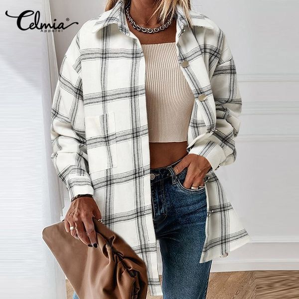

blouses celmia women 2021 vintage checked shirts stylish plaid blouses autumn casual long sleeve buttons fashion loose party blusas, White